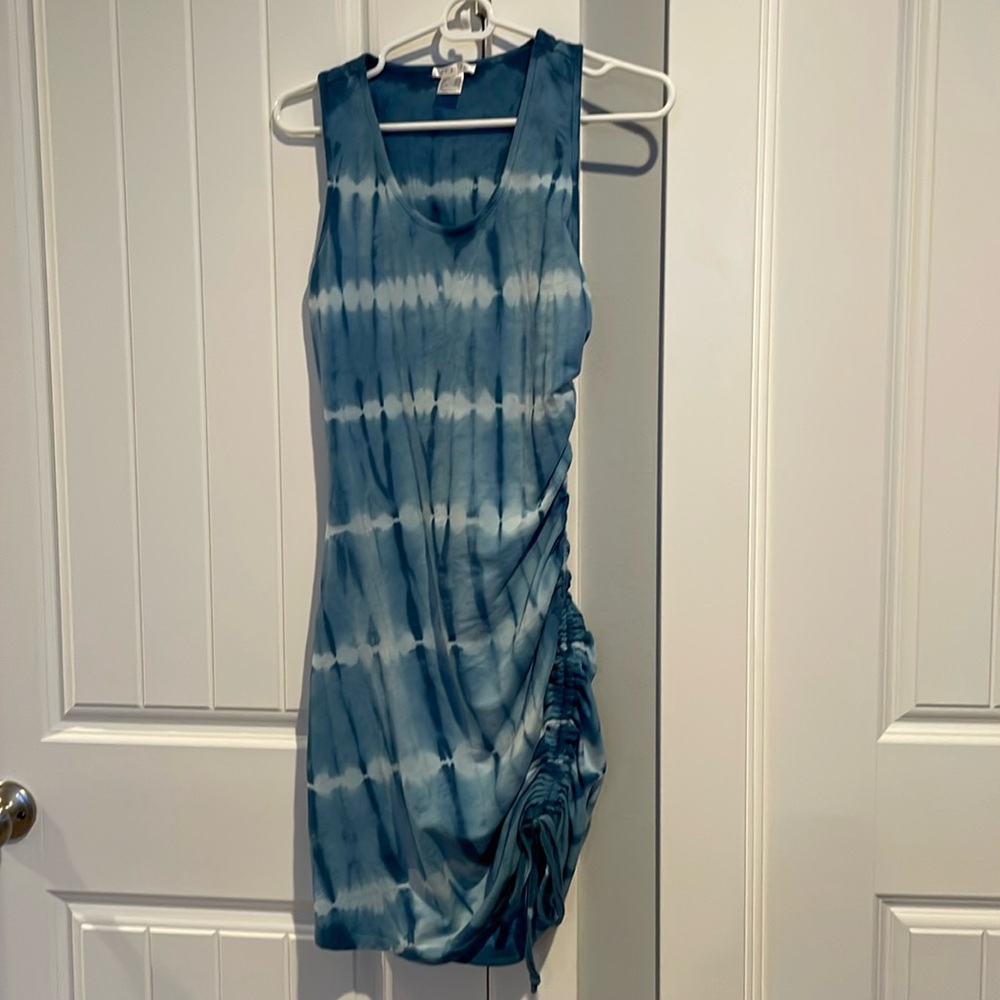 Venus, small, blue tie-dye, sundress or cover up, with ruching on one side.